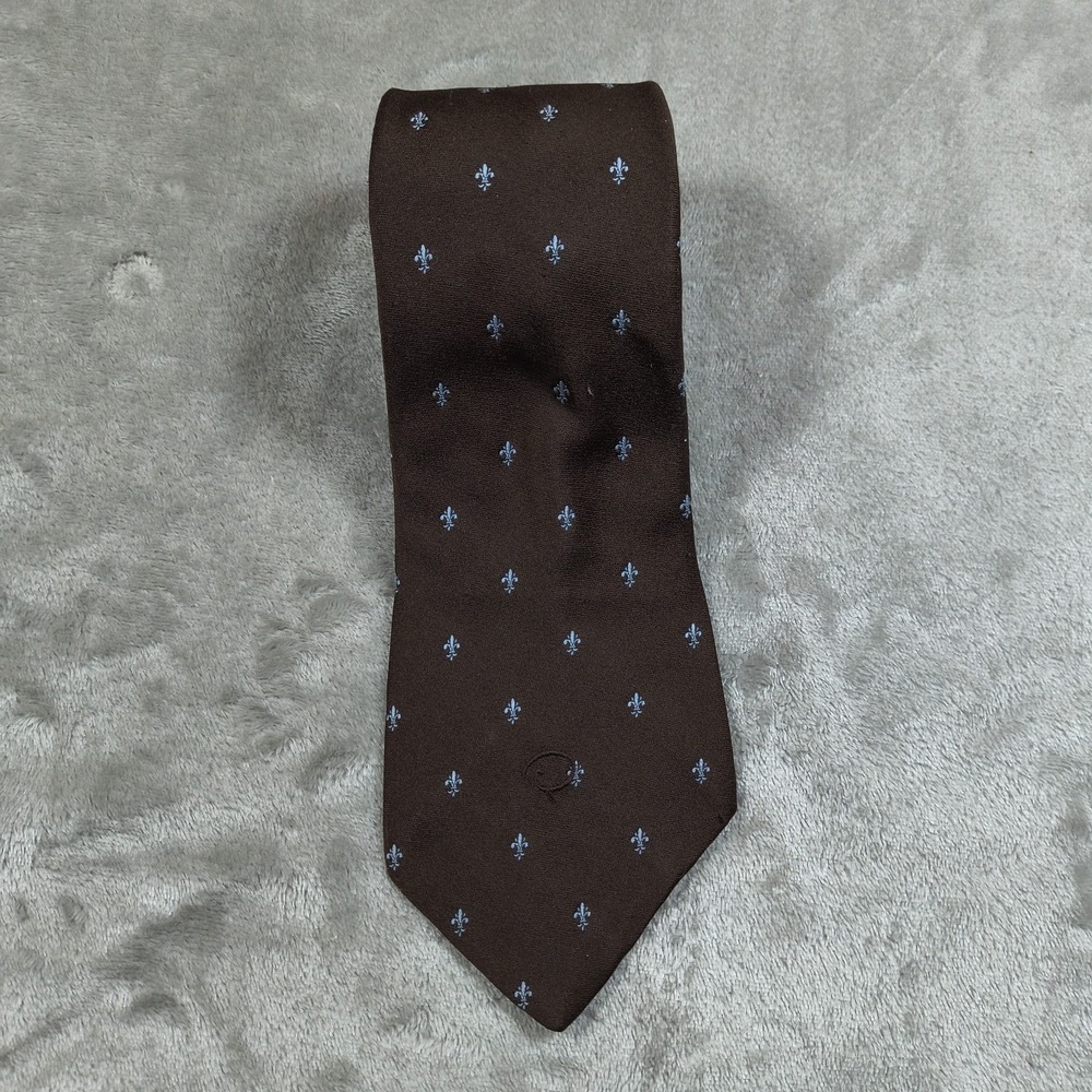 Vintage Oscar De La Renta Tie Mens 56.5x4 Brown Fleur del Lis Geometric Luxury